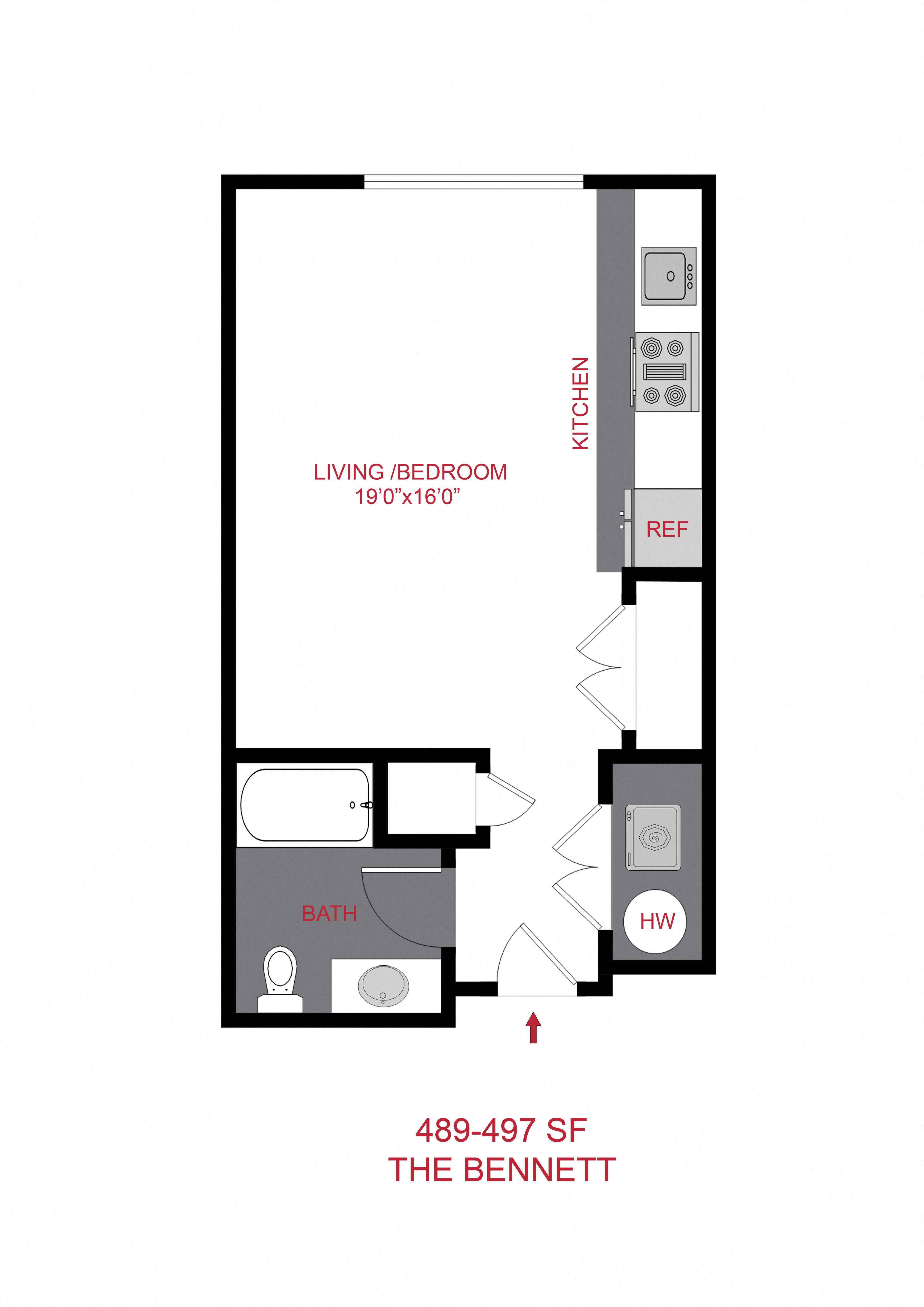 Floor plan for studio, 1 bath, 491 sqft